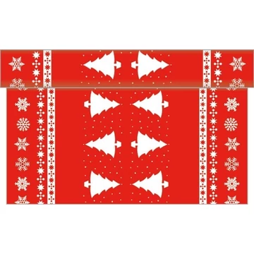 Karácsonyi textilhatású  asztali futó / fehér fenyő