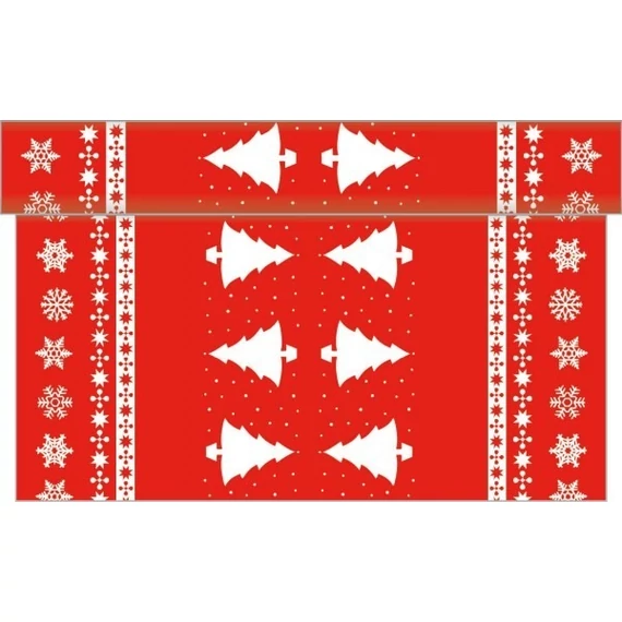 Karácsonyi textilhatású  asztali futó / fehér fenyő