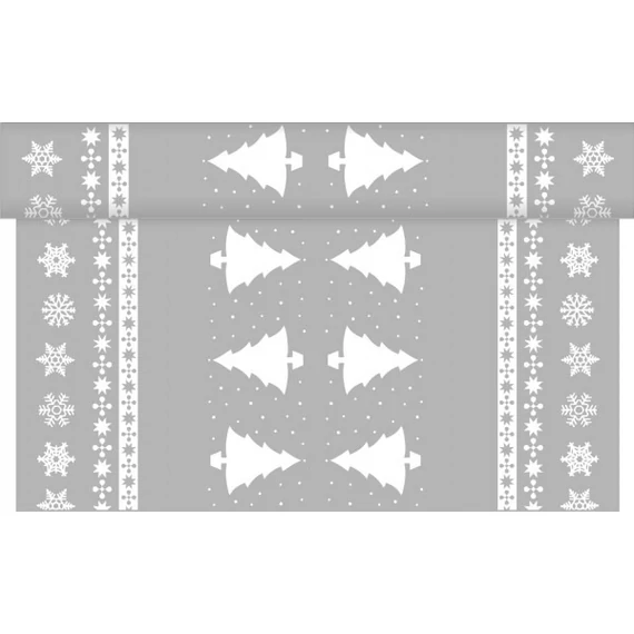 Karácsonyi textilhatású  asztali futó / fehér fenyő